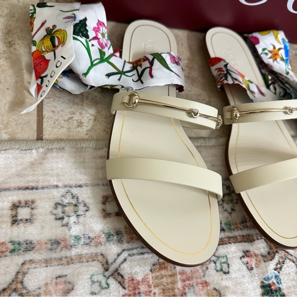 New authentic Gucci silk ankle wrap leather sandals size 37.5 - Picture 6 of 9